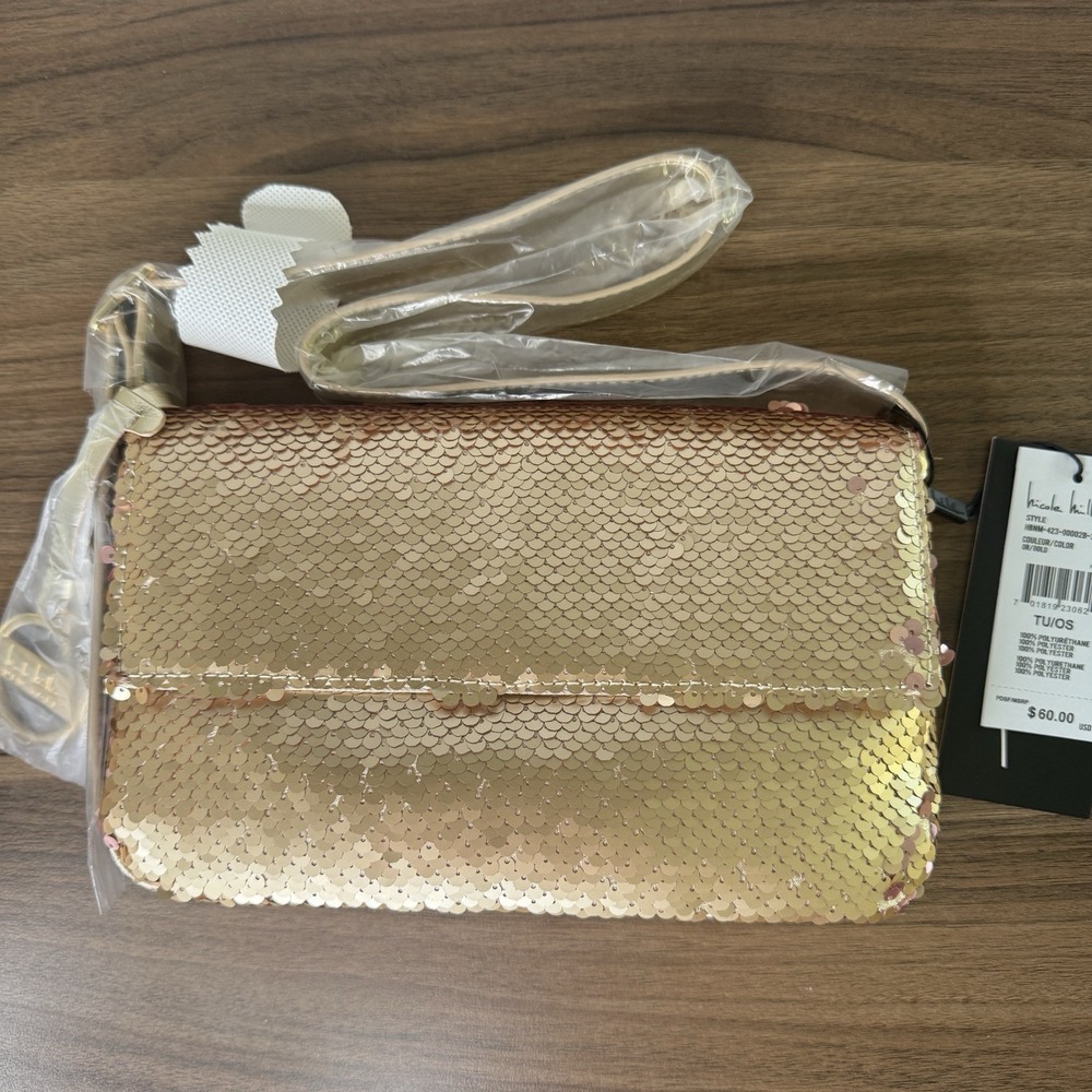 NWT Nicole Miller Gold Sequin Shoulder Bag Metal Logo‎ Purse Shiny Strap Luxe